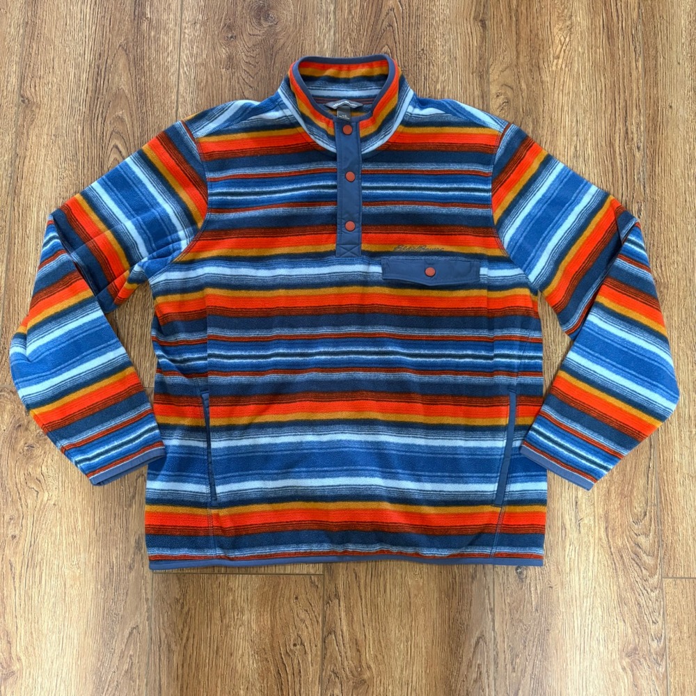 Eddie Bauer Striped Fleece Pullover Sweater T Snap Blue Orange Mens L western